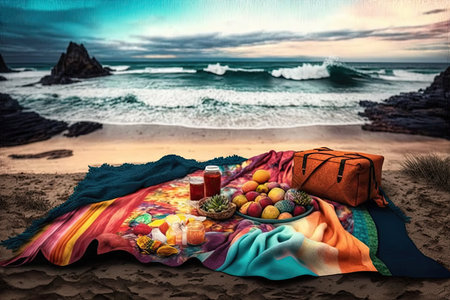 cozy picnic blanket on beach, surrounded by crashing waves and colorful seascape, created with generative aiの素材