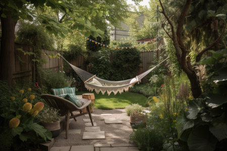 a garden oasis with lounge chairs and a hammock, created with generative aiの素材