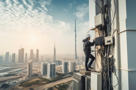 worker, installing 5g network infrastructure on tall building, with cityscape in the background, created with generative aiの素材