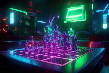 neon chess game, with futuristic spaceship in the background and the pieces in motion, created with generative aiの素材