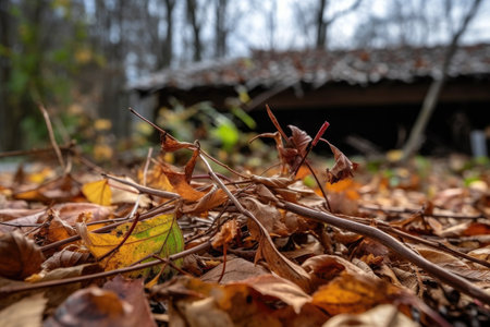 a pile of fallen leaves with a twig in the foreground, created with generative aiの素材