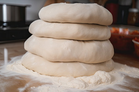 stack of pizza dough, ready to be topped with fresh ingredients and baked into delicious pie, created with generative aiの素材
