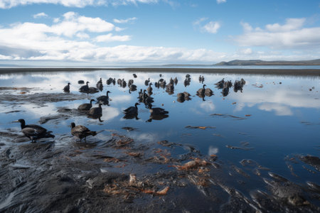 oil spill in the bay, with birds and fish swimming among the slicks, created with generative aiの素材