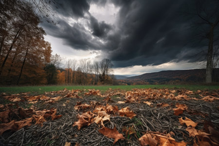 dramatic sky with powerful storm clouds and fallen leaves in the foreground, created with generative aiの素材