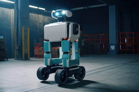 helper robot, bringing supplies and tools to human worker, in factory warehouse, created with generative aiの素材
