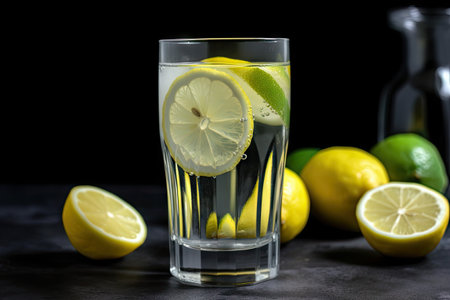 refreshing glass of water with slice of lemon and lime, created with generative aiの素材
