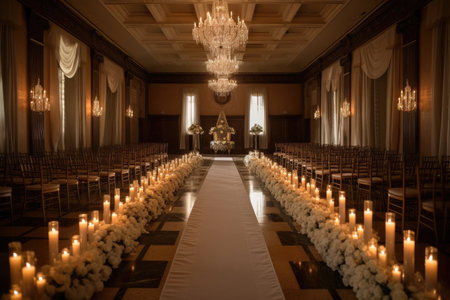 seating arrangement for formal wedding ceremony with aisle runner, candles, and flowers, created with generative aiの素材