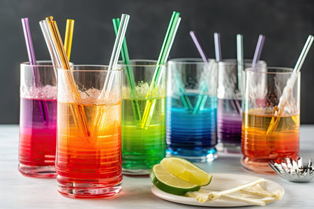 rainbow cocktails in glassware, with garnishes and straws, created with generative aiの素材