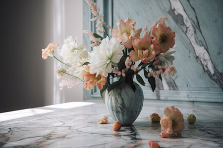 pastel flowers in vase on marble tabletop, created with generative aiの素材