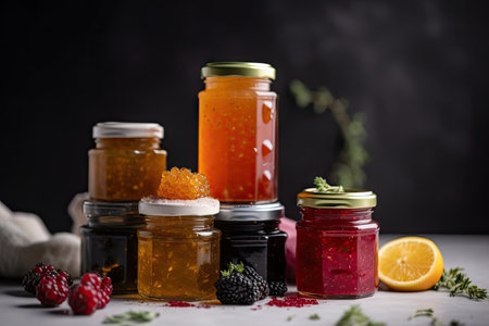 stack of homemade preserves with different flavors and colors, created with generative aiの素材