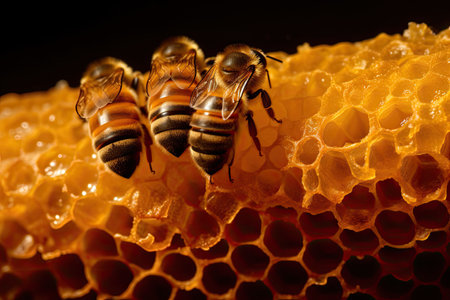 close-up of honeycomb, with pollen grains visible on each cell, created with generative aiの素材