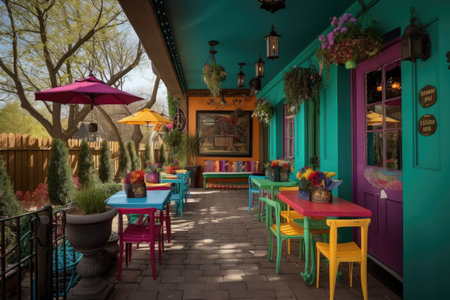 colorful bistro setting with outdoor dining and whimsical decor, created with generative aiの素材