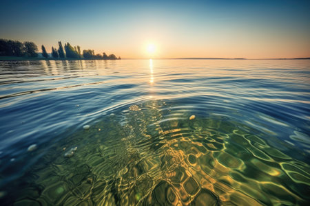 crystal clear lake at sunrise, with the sun reflecting off the surface of the water, created with generative aiの素材