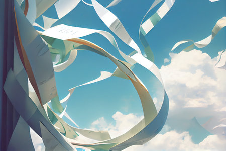 paper streamer floating in the wind, with a view of the sky visible through it, created with generative aiの素材