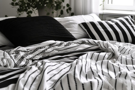 close-up of crisp sheets and pillowcases, with monochrome frame, created with generative aiの素材