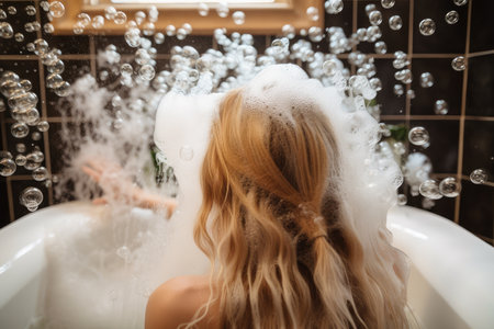 bubbles cascading over skin and into hair in soothing bath, created with generative aiの素材