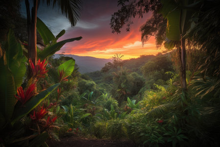 jungle with view of sunset, with vibrant colors and warm lighting, created with generative aiの素材