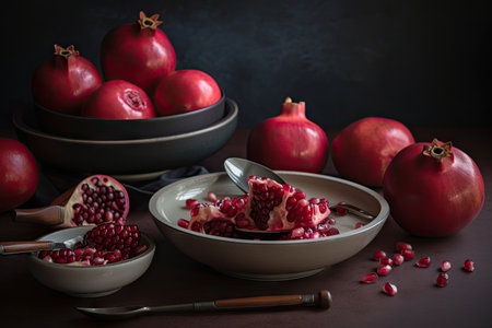 pomegranate in bowl, with spoons and plates for easy eating, created with generative aiの素材