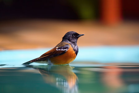 male redstart bird in swimming pool, its bright colors shining, created with generative aiの素材