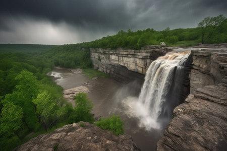 dramatic waterfall scene with stormy skies and lightning strikes, created with generative aiの素材