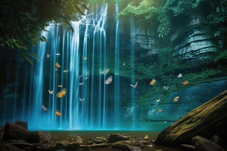 butterflies fluttering past a towering waterfall, on their journey, created with generative aiの素材