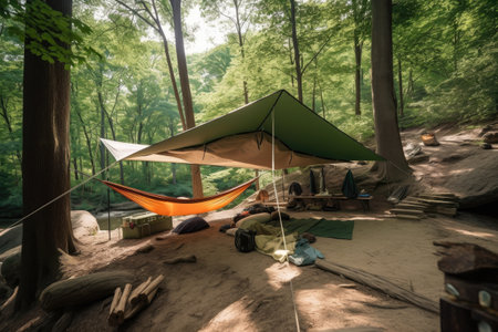 campsite with large canopy tent and hammock for ultimate relaxation, created with generative aiの素材