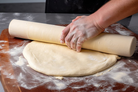 pizza dough being rolled out into thin, round crust for pizza, created with generative aiの素材
