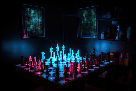 neon chess set in a dark and mysterious room, with just the right amount of light, created with generative aiの素材