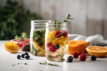refreshing drink with mix of water, fruit, and herbs for a healthful boost, created with generative aiの素材