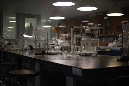 a laboratory with music playing in the background, a tranquil and serene setting, created with generative aiの素材