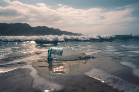 plastic bottle floating on the waves by serene beach, created with generative aiの素材