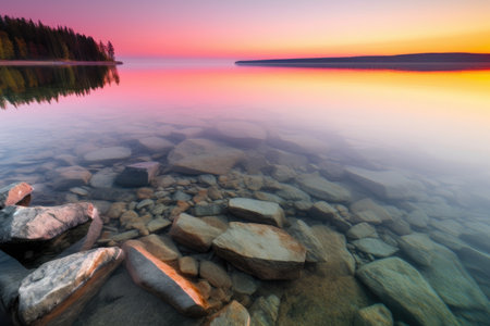 crystal-clear lake at sunrise, with stunning yellow and pink hues, created with generative aiの素材