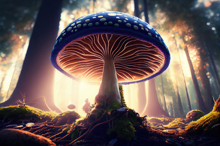 magic mushroom growing in natural environment, with sun shining through the trees, created with generative aiの素材