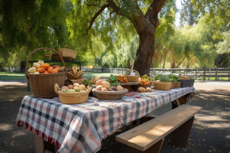wooden picnic table with checkered blanket and baskets of food in a park setting, created with generative aiの素材