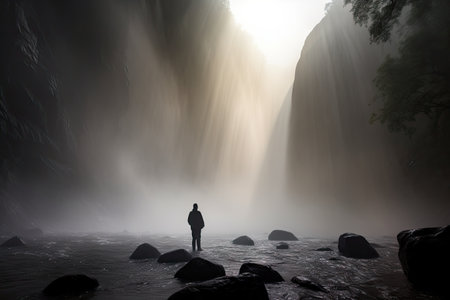 dramatic waterfall scene with silhouette of person standing in the mist, created with generative aiの素材