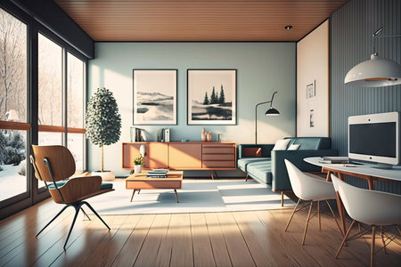 mid-century modern home with minimalist and sleek design, featuring clean lines and streamlined furniture, created with generative aiの素材