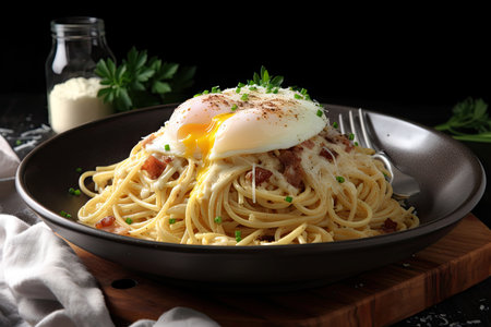 spaghetti carbonara topped with a poached egg and parmesan cheese, created with generative aiの素材