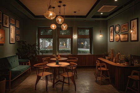 lofit cafe with vintage interiors, retro furniture and hanging lamps, created with generative aiの素材