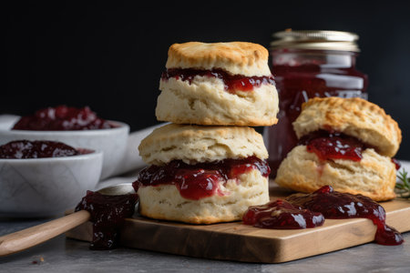 stack of warm scones, topped with creamy strawberry jam, created with generative aiの素材