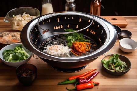 wok and portable grill, with ingredients and spices for stir-fry on the go, created with generative aiの素材