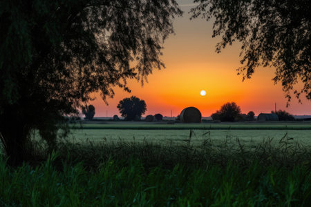 summer sunset over harvest moon, with silhouettes of trees and crops in the background, created with generative aiの素材