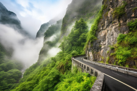 scenic highway overlooking a breathtaking waterfall, with mist floating through the air, created with generative aiの素材