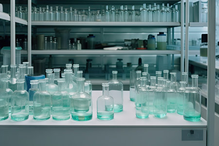 glassware and test tubes arranged in a neat and orderly laboratory, created with generative aiの素材