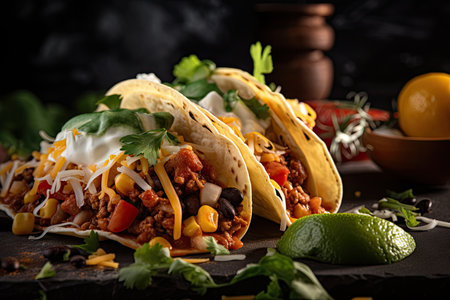 close-up of taco, with warm fillings spilling out, created with generative aiの素材