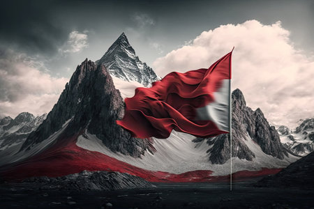 peak with red flag blowing in the wind, surrounded by majestic mountains, created with generative aiの素材