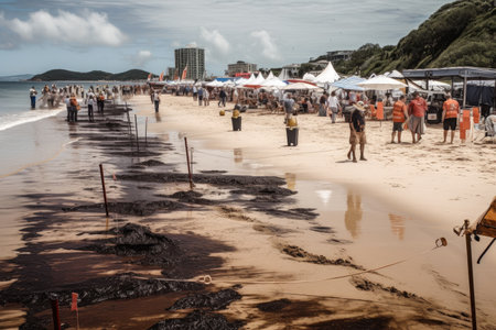 oil spill on busy beach, with umbrellas and people in the background, created with generative aiの素材