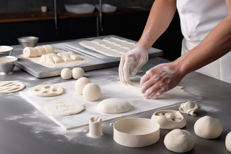 pastry chef, shaping dough into different shapes and sizes for various purposes, created with generative aiの素材