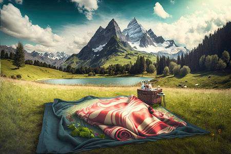 picnic blanket, set on grassy meadow with stunning mountain backdrop, created with generative aiの素材