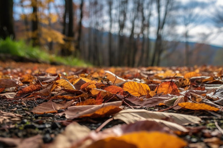close-up of fallen leaves, with the changing seasons in the background, created with generative aiの素材
