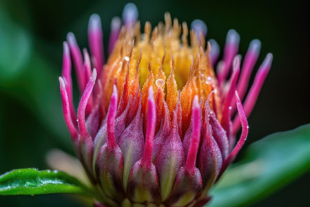 close-up of blooming flower bud, with intricate details and vibrant colors visible, created with generative aiの素材